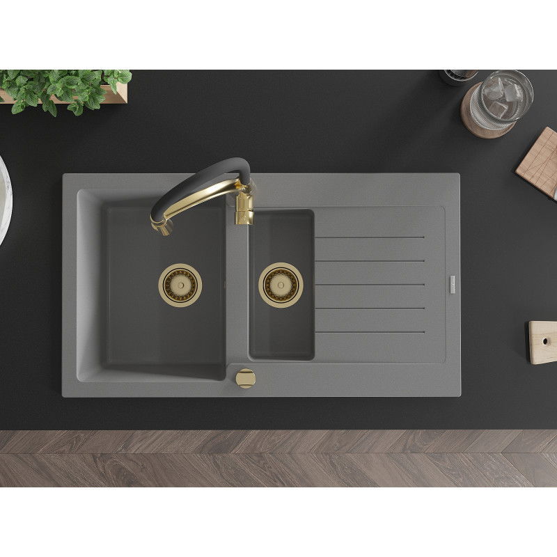 Mexen Matias žulový drez 1,5-komorový s odkvapkávačom a kuchynskou batériou Aster, sivý - 6502-71-73450-57-G