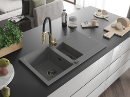 Mexen Matias Granitový drez 1,5-komorový s odkvapkávačom a kuchynskou batériou Aster, sivý - 6502-71-73450-57-B