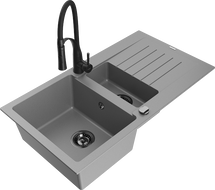 Mexen Matias granitový drez 1,5-komorový s odkvapkávacou plochou a kuchynskou batériou Aster, sivý - 6502-71-73450-70-B