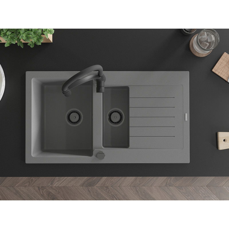 Mexen Matias granitový drez 1,5-komorový s odkvapkávacou plochou a kuchynskou batériou Aster, sivý - 6502-71-73450-70-B