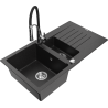 Mexen Matias žulový drez 1,5-komorový s odkvapávačom a kuchynskou batériou Aster, čierny/strieborný metalík - 6502-73-73450-07