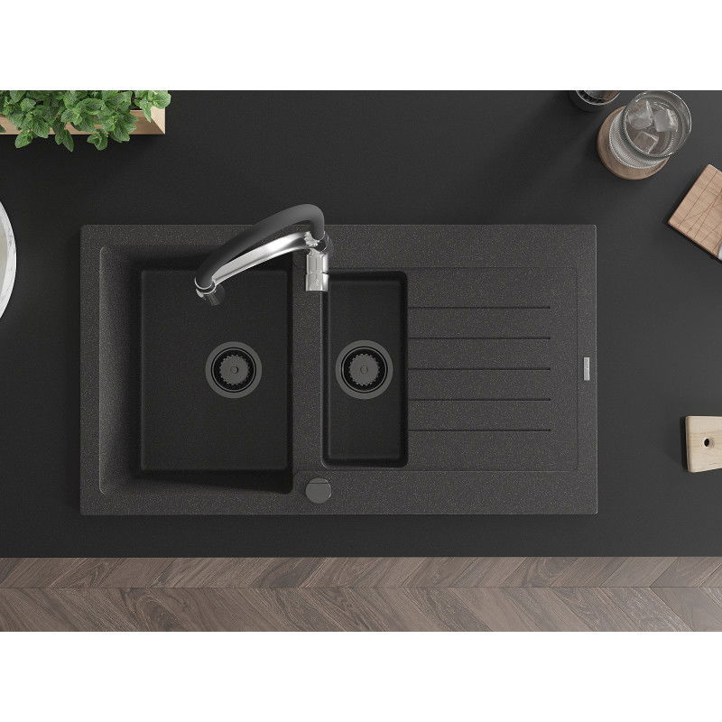 Mexen Matias granitový drez 1,5-komorový s odkvapávačom a kuchynskou batériou Aster, čierny škvrnitý - 6502-76-73450-07-B