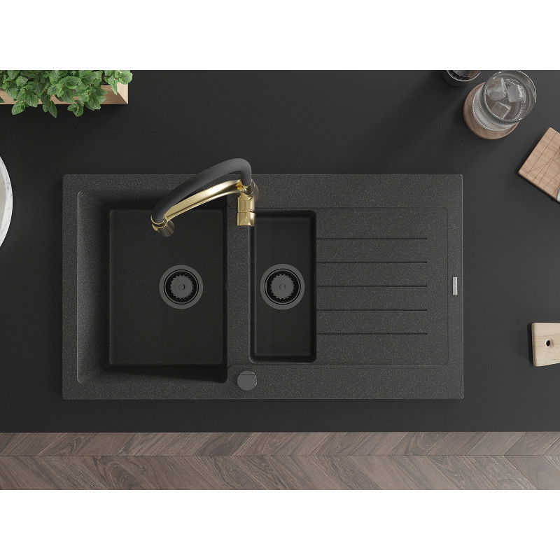 Mexen Matias granitový drez s 1,5 komorami s odkvapkaním a kuchynskou batériou Aster, čierny škvrnitý - 6502-76-73450-57-B