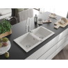Mexen Mario granitový dvojkomorový drez s kuchynskou batériou Aster, biely - 6504-20-73450-02