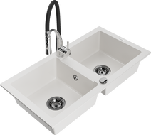 Mexen Mario drez kuchynský granitový 2-komorový s kuchynskou batériou Aster, biely - 6504-20-73450-07-B