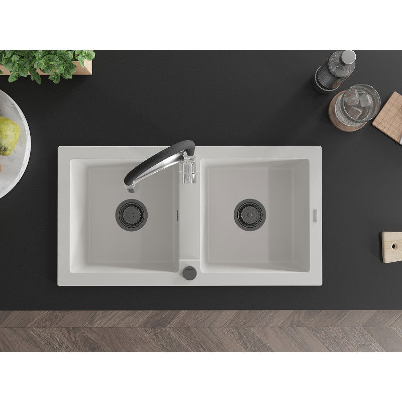 Mexen Mario granitový drez 2-komorový s kuchynskou batériou Aster, biely - 6504-20-73450-07-B