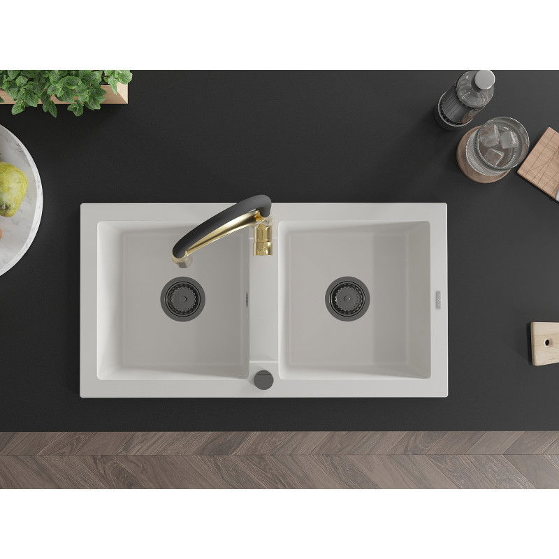 Mexen Mario granitový dvojkomorový drez s kuchynskou batériou Aster, biely - 6504-20-73450-57-B