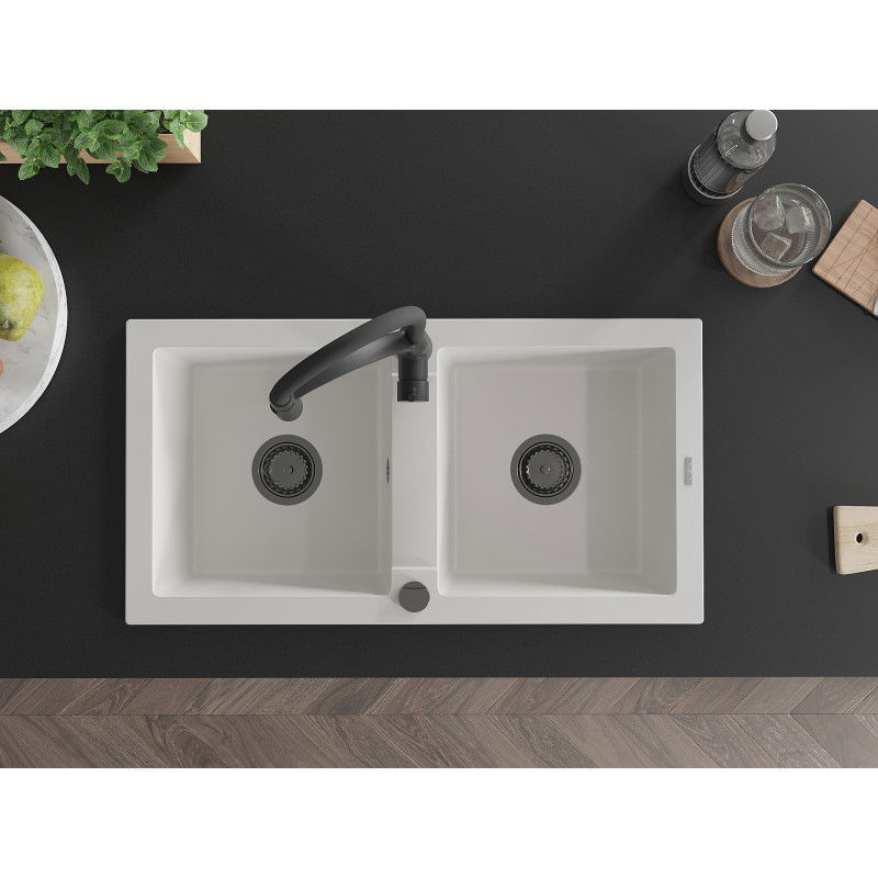 Mexen Mario granitový drez 2-komorový s kuchynskou batériou Aster, biely - 6504-20-73450-70-B