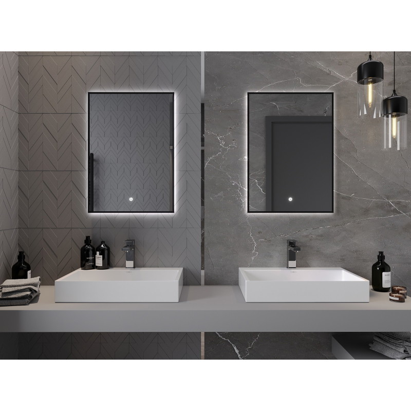 Mexen Erma LED podsvietené kúpeľňové zrkadlo 50 x 70 cm, LED 6000K, anti-pára, čierny rám - 9814-050-070-611-70