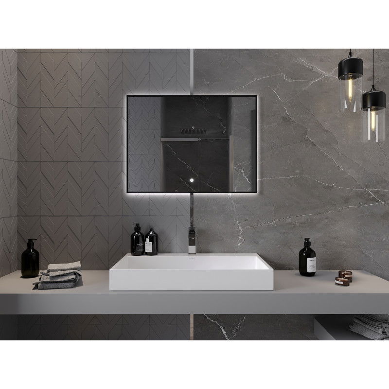 Mexen Erma podsvietené kúpeľňové zrkadlo 80 x 60 cm, LED 6000K, proti zahmlievaniu, čierny rám - 9814-080-060-611-70
