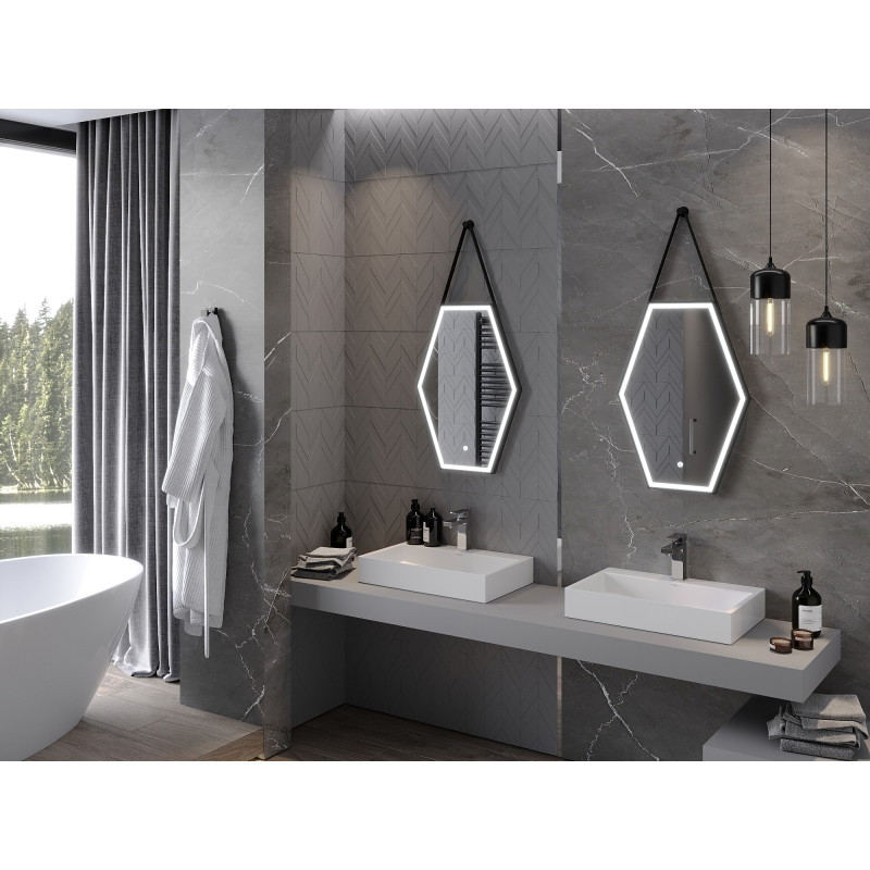 Mexen Orla osvetlené kúpeľňové zrkadlo 50 x 70 cm, LED 6000K, antizahmlievanie, čierny rám - 9815-050-070-611-70