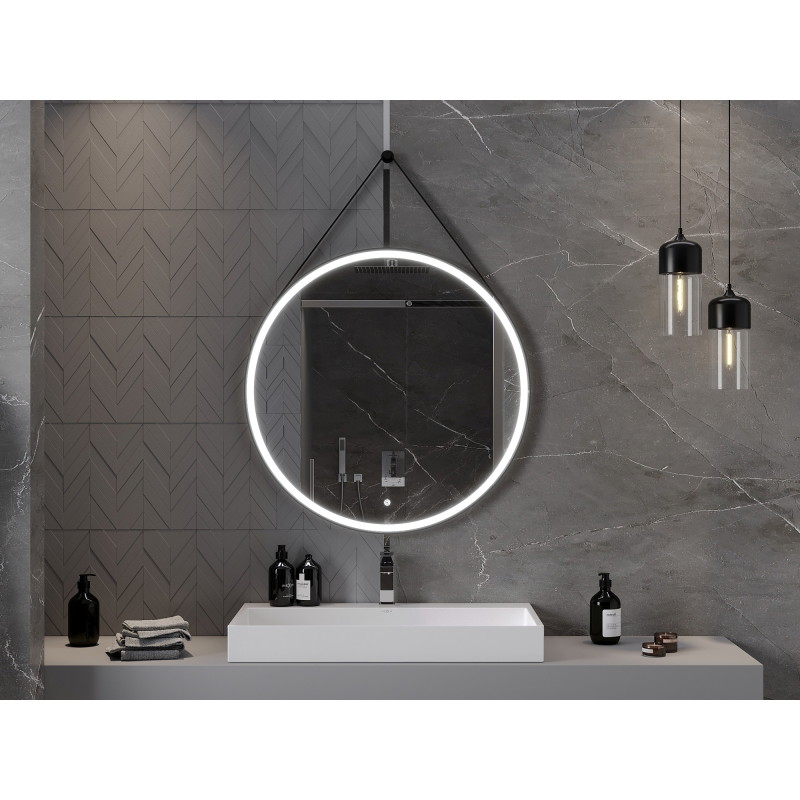 Mexen Reni podsvietené kúpeľňové zrkadlo, okrúhle 90 cm, LED 6000K, antivapor, čierny rám - 9812-090-090-611-70