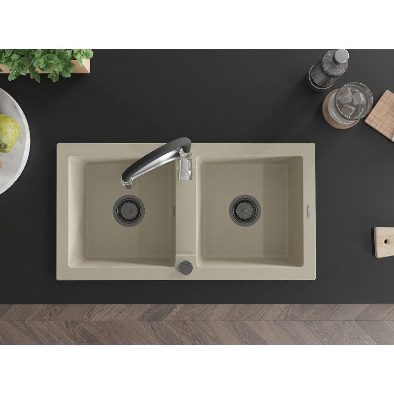 Mexen Mario dvojkomorový žulový drez s kuchynskou batériou Aster, béžový - 6504-69-73450-07-B