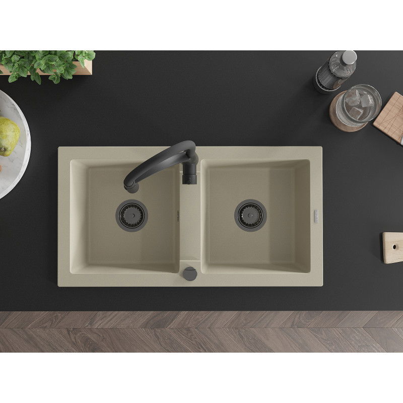 Mexen Mario dvojkomorový granitový drez s kuchynskou batériou Aster, béžový - 6504-69-73450-70-B