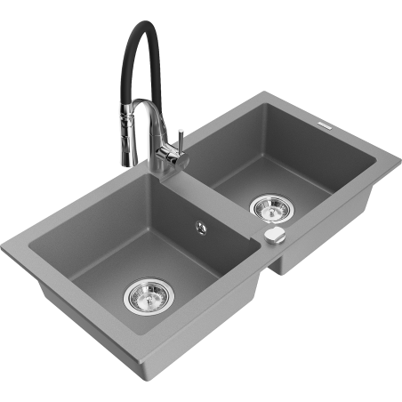 Mexen Mario dvojkomorový granitový drez s kuchynskou batériou Aster, sivý - 6504-71-73450-07