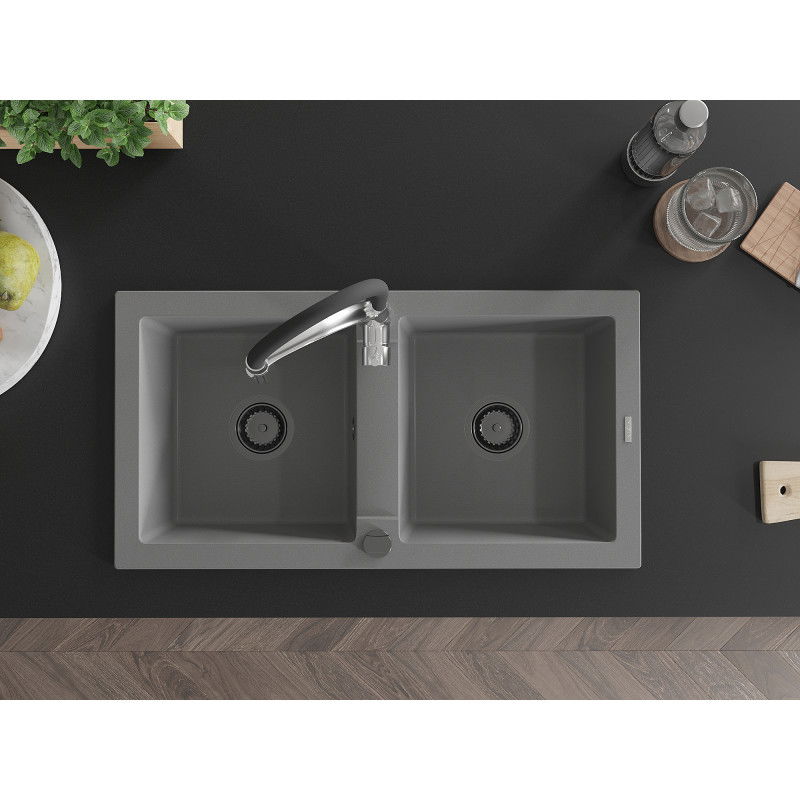 Mexen Mario dvojkomorový žulový drez s kuchynskou batériou Aster, sivý - 6504-71-73450-07-B