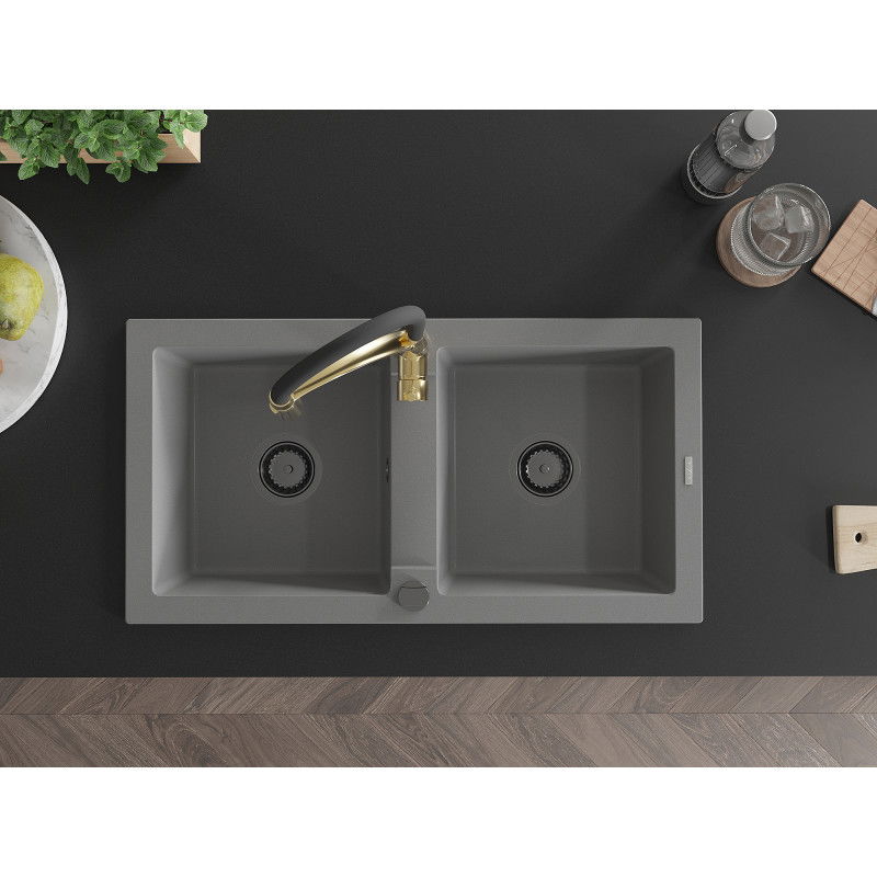 Mexen Mario žulový kuchynský drez s 2 komorami a kuchynskou batériou Aster, sivý - 6504-71-73450-57-B