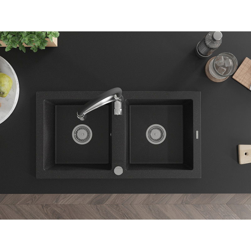 Mexen Mario granitový drez 2-komorový s kuchynskou batériou Aster, čierny/strieborný metalik - 6504-73-73450-07