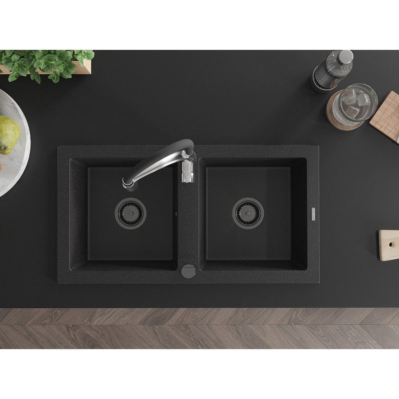 Mexen Mario žulový drez 2-komorový s kuchynskou batériou Aster, čierny/strieborný metalík - 6504-73-73450-07-B