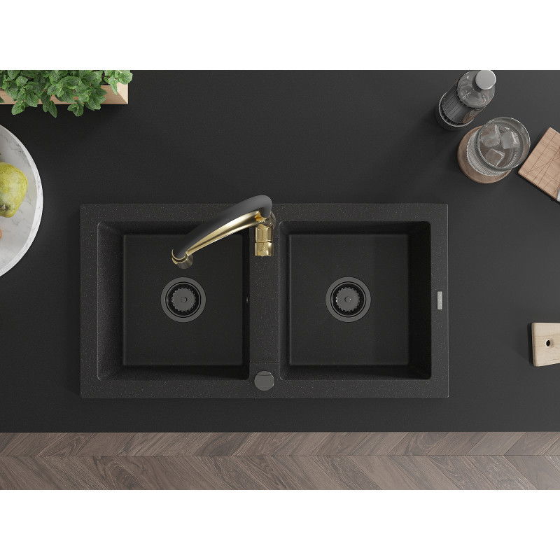 Mexen Mario dvojkomorový žulový drez s kuchynskou batériou Aster, čierny/strieborný metalický - 6504-73-73450-57-B