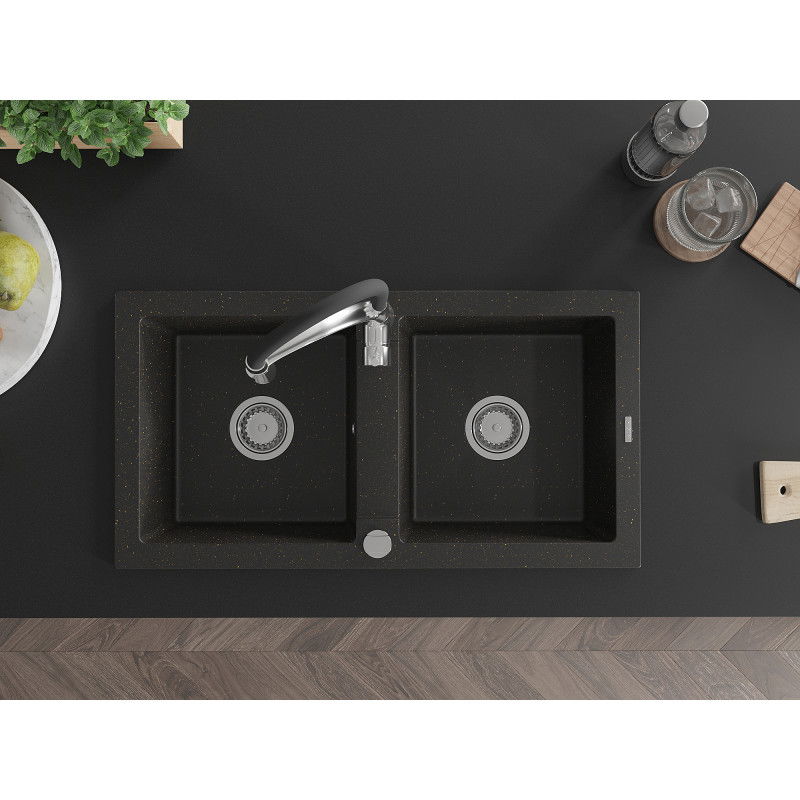 Mexen Mario dvojkomorový žulový drez s kuchynskou batériou Aster, čierny/zlatý metalický - 6504-75-73450-07