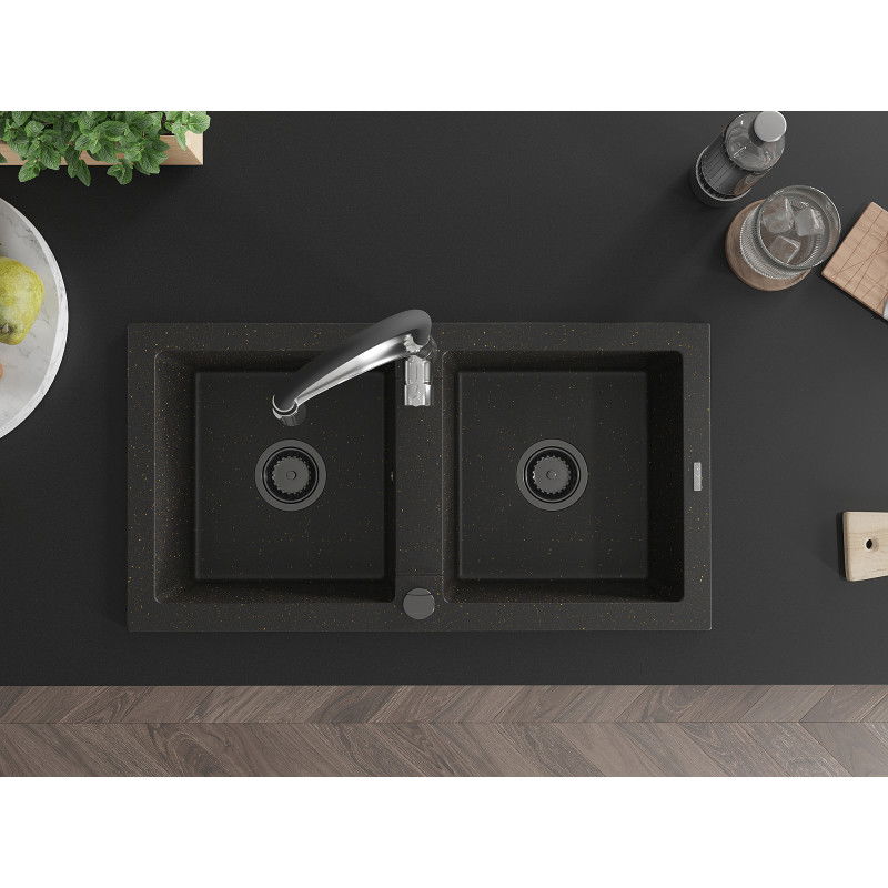 Mexen Mario žulový drez 2-komorový s kuchynskou batériou Aster, čierny/zlatý metalik - 6504-75-73450-07-B