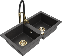 Mexen Mario žulový kuchynský drez 2-komorový s kuchynskou batériou Aster, čierny škvrnitý - 6504-76-73450-57-G