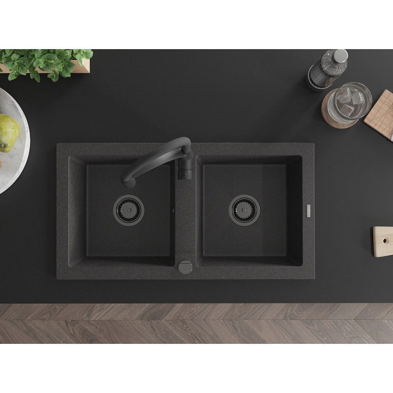 Mexen Mario dvojkomorový žulový drez s kuchynskou batériou Aster, čierna s bielymi bodkami - 6504-76-73450-70-B