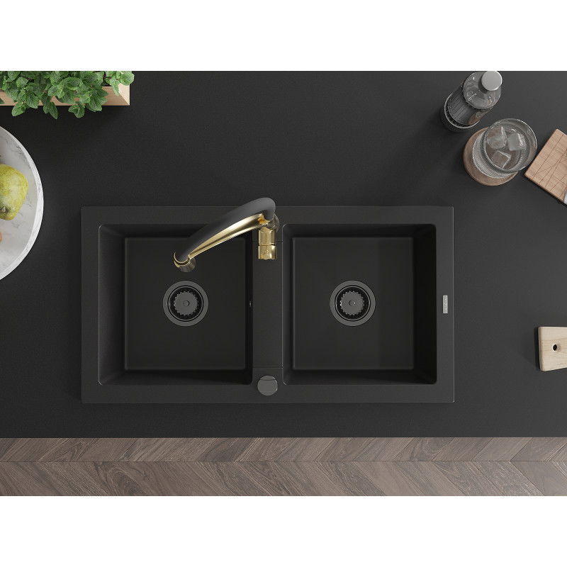Mexen Mario žulový dvojkomorový drez s kuchynskou batériou Aster, čierny - 6504-77-73450-57-B