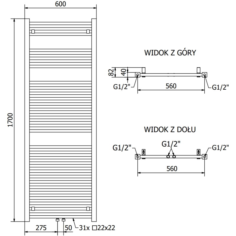 Mexen Pluton kúpeľňový radiátor 1700 x 600 mm, 991 W, čierny - W106-1700-600-00-70