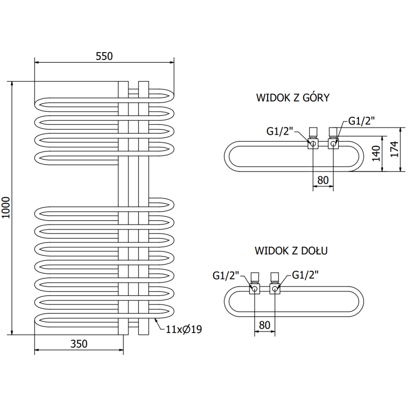 Mexen Ops kúpeľňový radiátor 1000 x 550 mm, 517 W, čierny - W122-1000-550-00-70