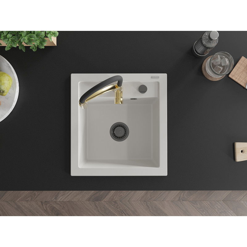 Mexen Vito žulový jedno-komorový drez s kuchynskou batériou Aster, biela - 6503-20-73450-57-B