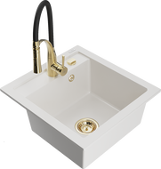 Mexen Vito žulový jedno-komorový drez s kuchynskou batériou Aster, biela - 6503-20-73450-57-B