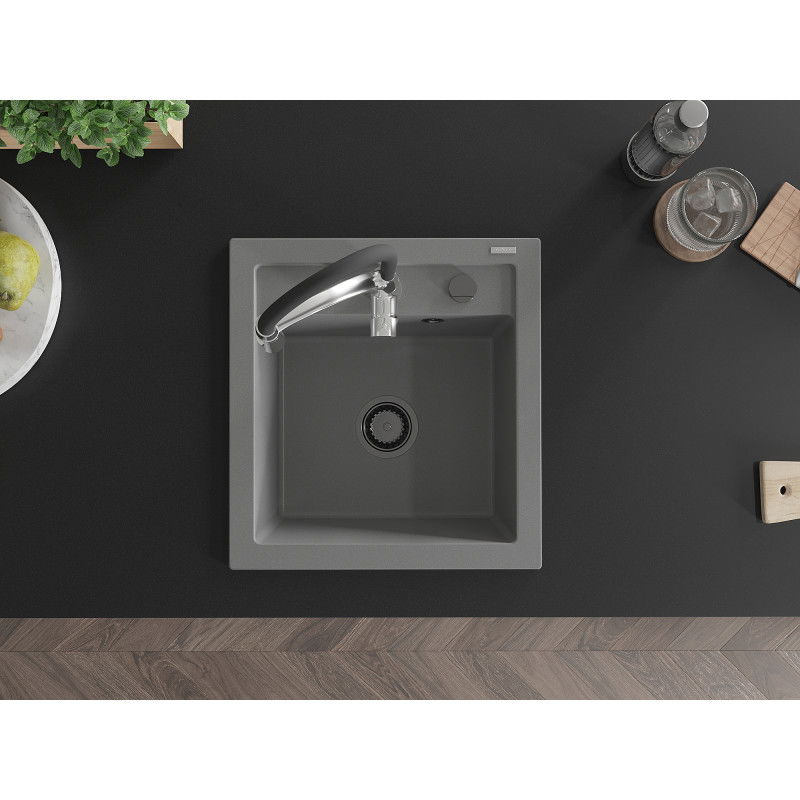 Mexen Vito granitový kuchynský drez 1-komorový s kuchynskou batériou Aster, sivý - 6503-71-73450-07-B
