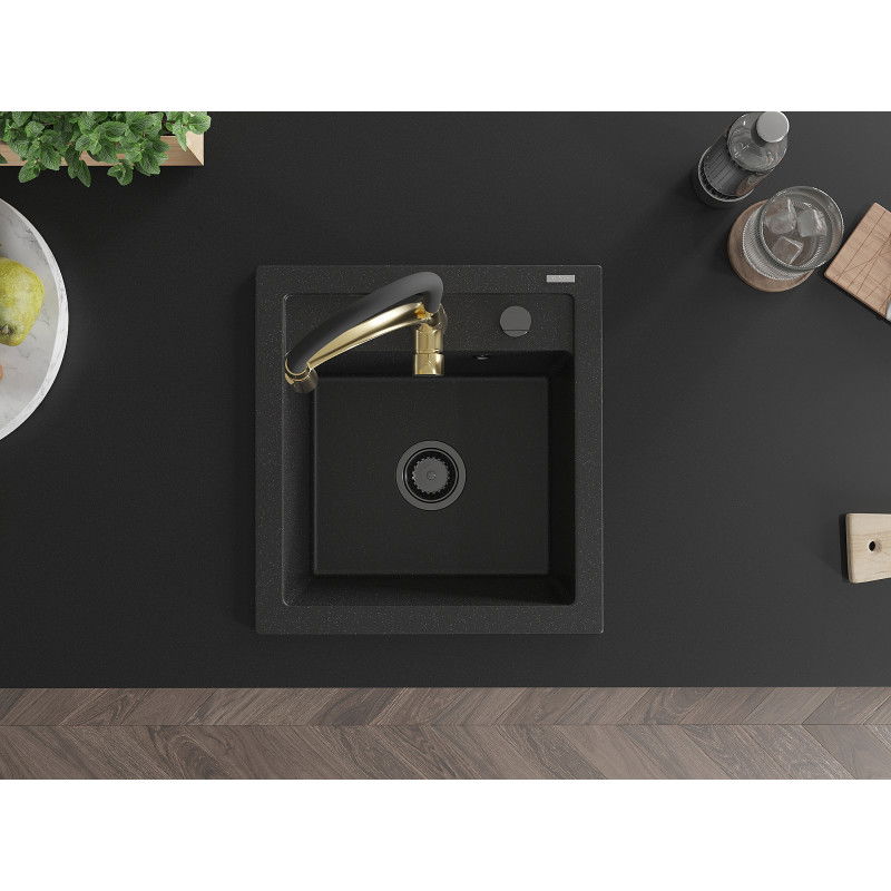 Mexen Vito granitový drez 1-komorový s kuchynskou batériou Aster, čierny/strieborný metalik- 6503-73-73450-57-B