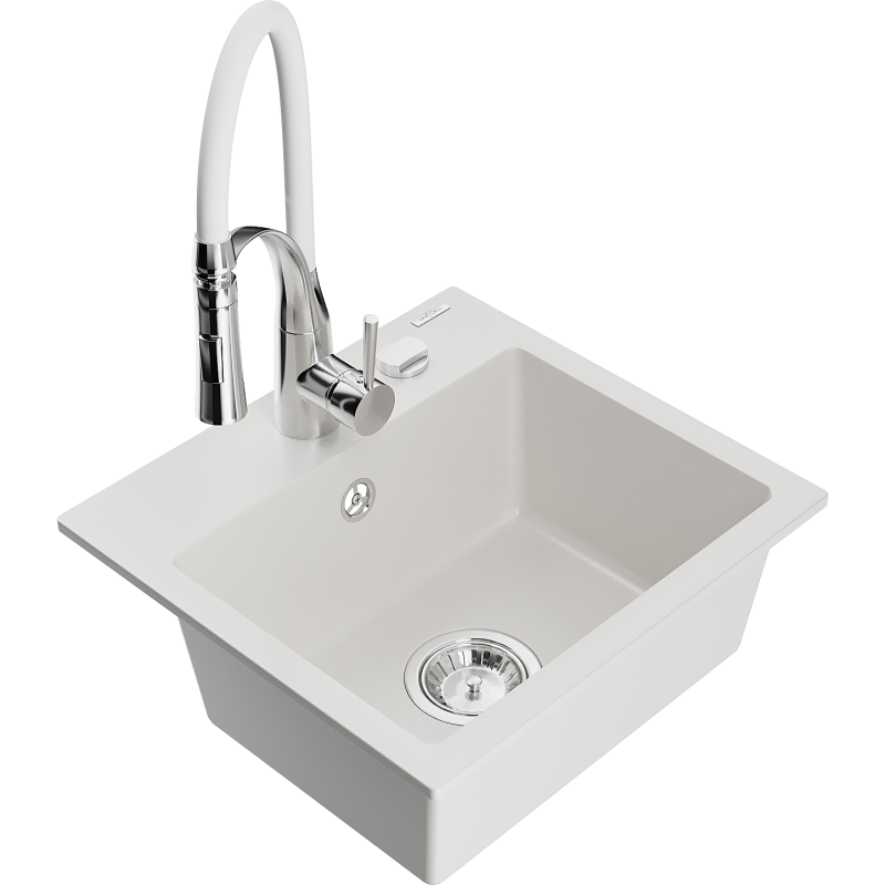 Mexen Milo granitový kuchynský drez 1-komorový s kuchynskou batériou Aster, biely - 6505-20-73450-02