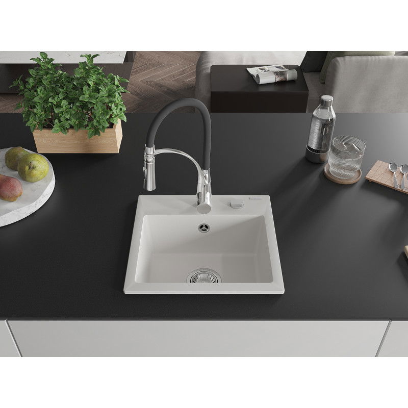 Mexen Milo granitový drez s 1-komorou a kuchynskou batériou Aster, biely - 6505-20-73450-07