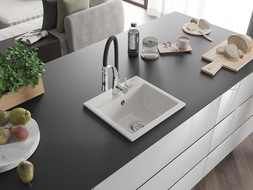 Mexen Milo granitový drez s 1-komorou a kuchynskou batériou Aster, biely - 6505-20-73450-07