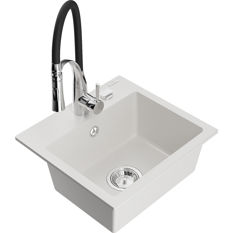 Mexen Milo granitový drez s 1-komorou a kuchynskou batériou Aster, biely - 6505-20-73450-07