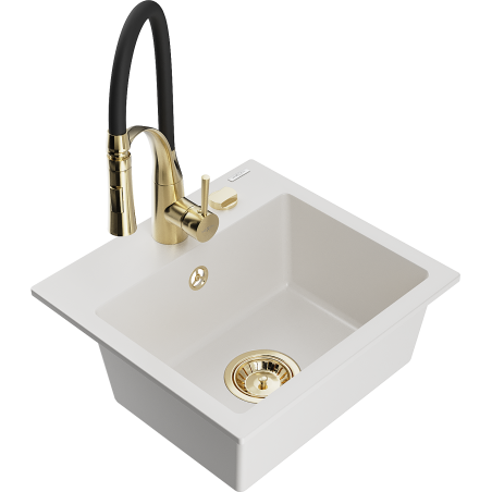 Mexen Milo granitový drez 1-komorový s kuchynskou batériou Aster, biely - 6505-20-73450-57-G