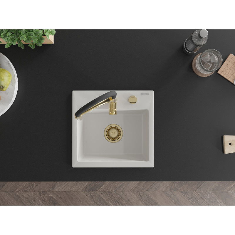 Mexen Milo granitový drez 1-komorový s kuchynskou batériou Aster, biely - 6505-20-73450-57-G