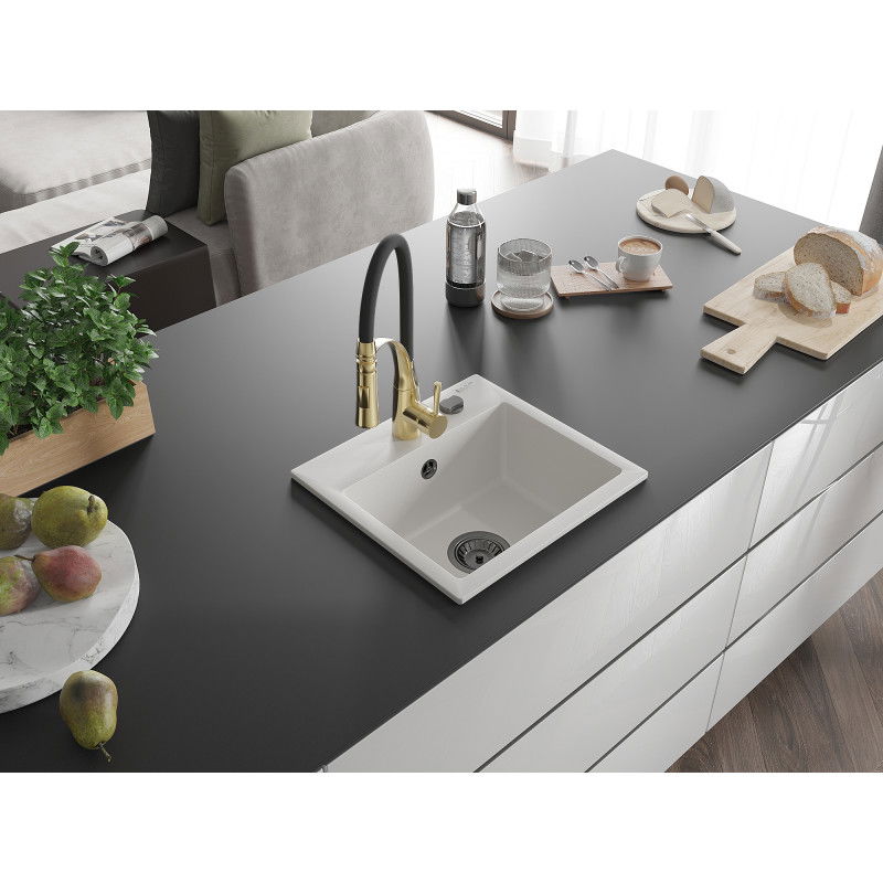 Mexen Milo žulový kuchynský drez 1-komorový so zmiešavačom Aster, biely - 6505-20-73450-57-B