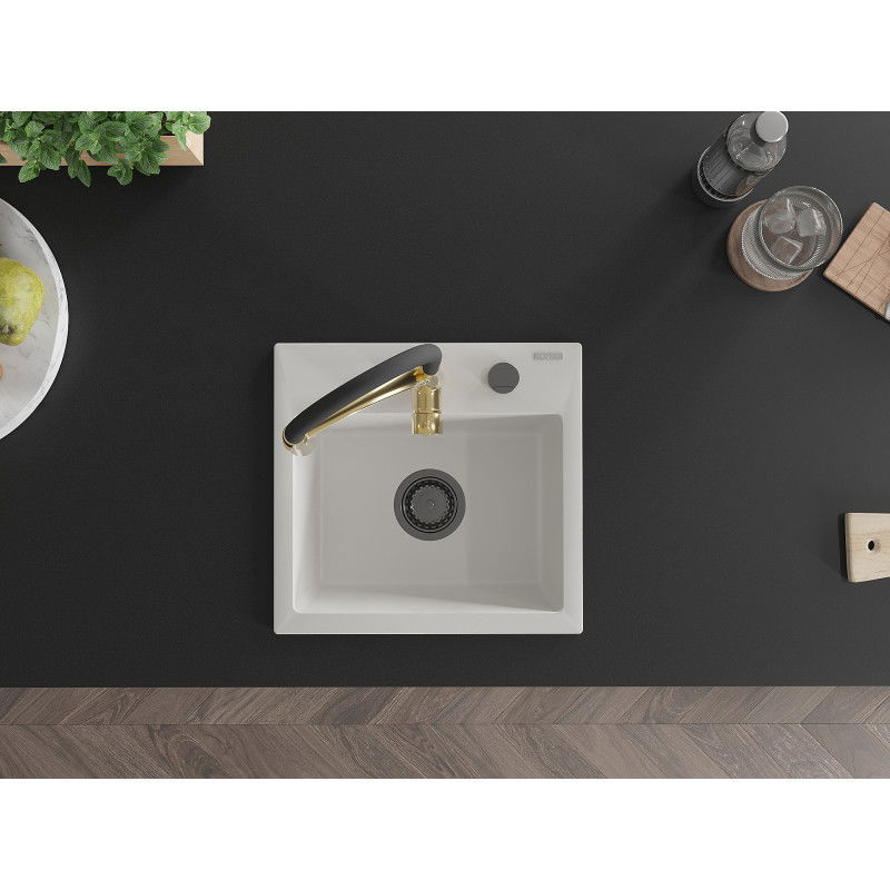 Mexen Milo žulový kuchynský drez 1-komorový so zmiešavačom Aster, biely - 6505-20-73450-57-B