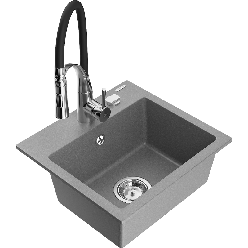 Mexen Milo granitový drez 1-komorový s kuchynskou batériou Aster, sivý - 6505-71-73450-07
