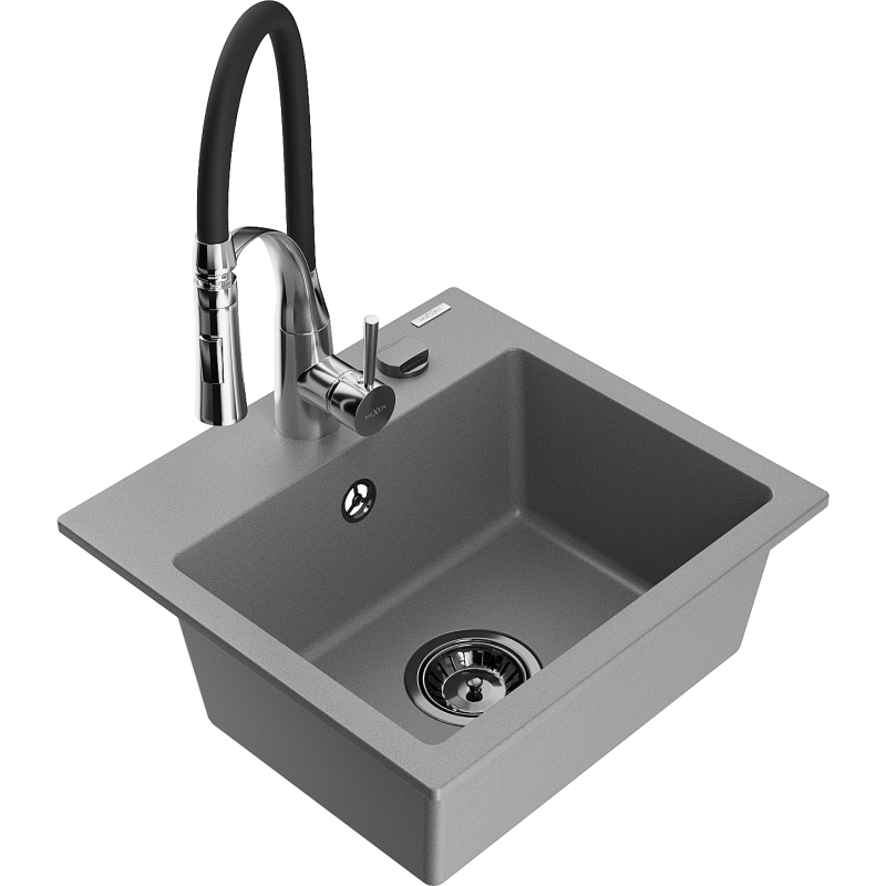 Mexen Milo žulový drez 1-komorový s kuchynskou batériou Aster, šedá - 6505-71-73450-07-B