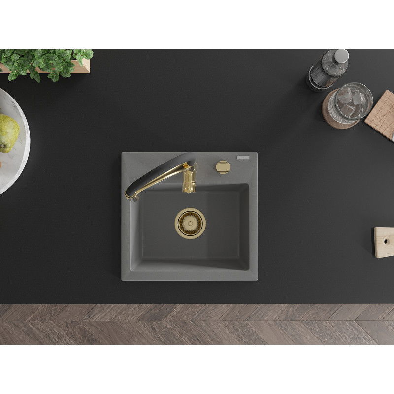 Mexen Milo granitový drez 1-komorový s kuchynskou batériou Aster, sivý - 6505-71-73450-57-G