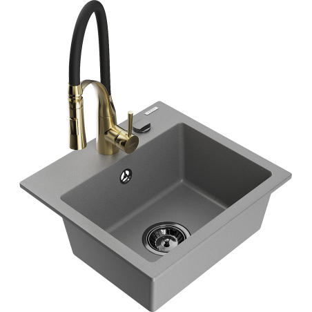 Mexen Milo granitový drez 1-komorový s kuchynskou batériou Aster, sivý - 6505-71-73450-57-B