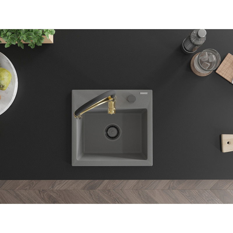 Mexen Milo granitový drez 1-komorový s kuchynskou batériou Aster, sivý - 6505-71-73450-57-B