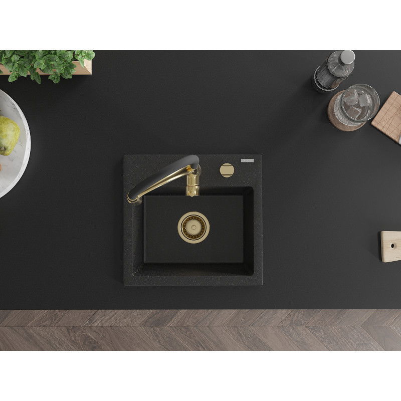 Mexen Milo granitový kuchynský drez 1-komorový s kuchynskou batériou Aster, čierny/strieborný metalický - 6505-73-73450-57-G