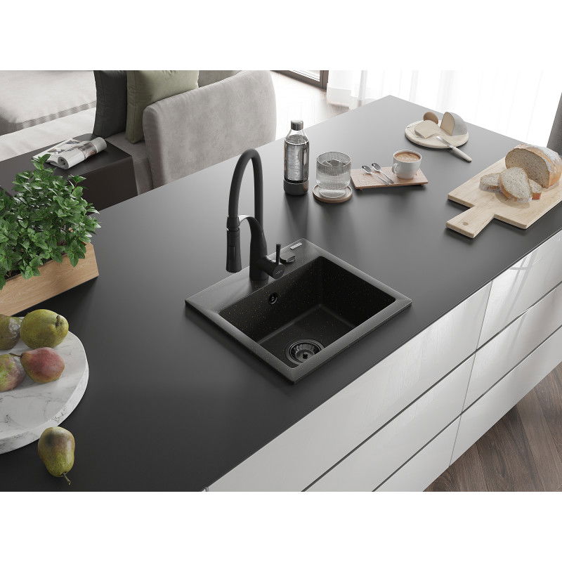 Mexen Milo 1-komorový granitový drez s kuchynskou batériou Aster, čierny/zlatý metalický - 6505-75-73450-70-B